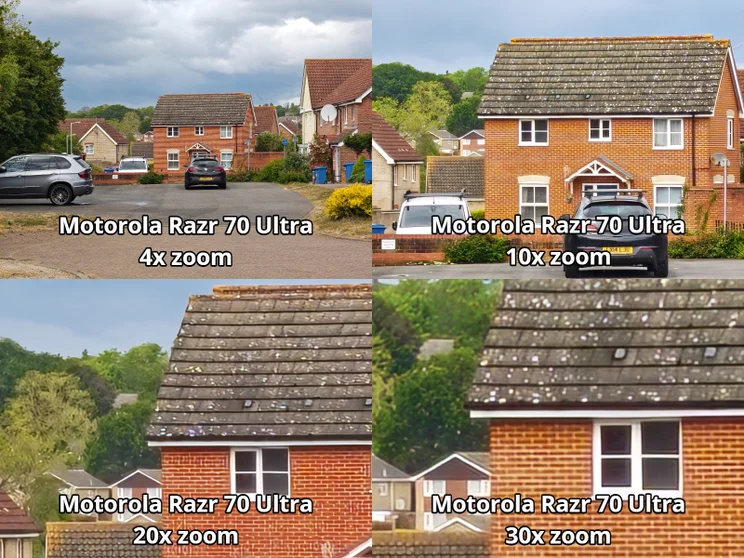 Comparison image of four different zooms on a shot of a house