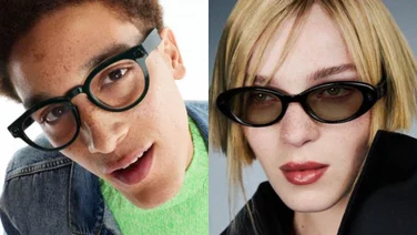 Two people wearing different styles of the Samsung smart glasses