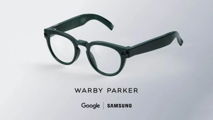 Warby Parker Samsung smart glasses on a grey background