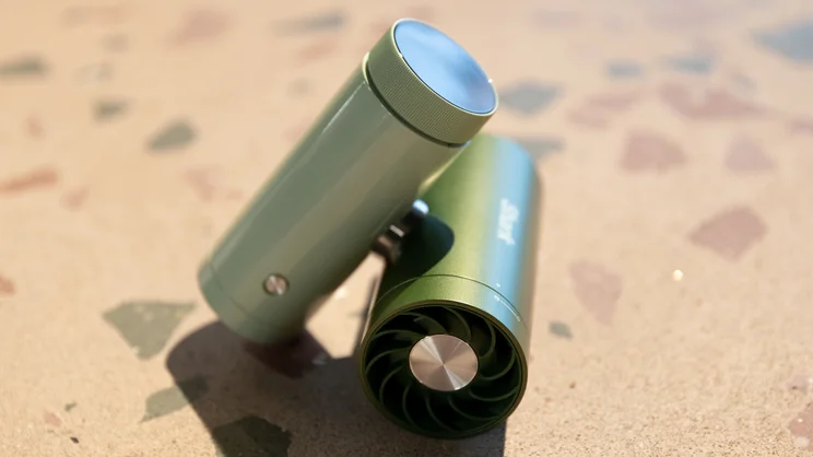 The Shark ChillPill portable fan on a table in its desktop configuration