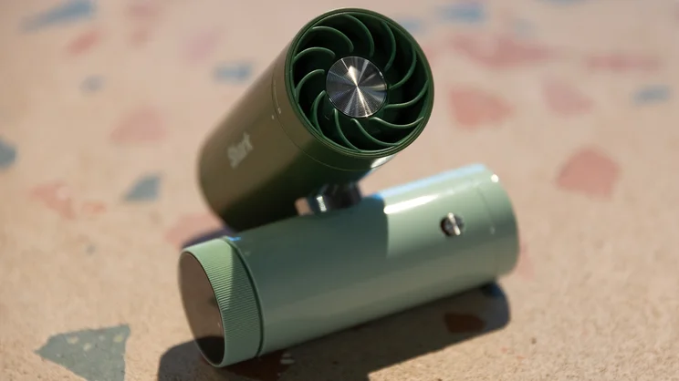 The Shark ChillPill portable fan on a table in its desktop configuration