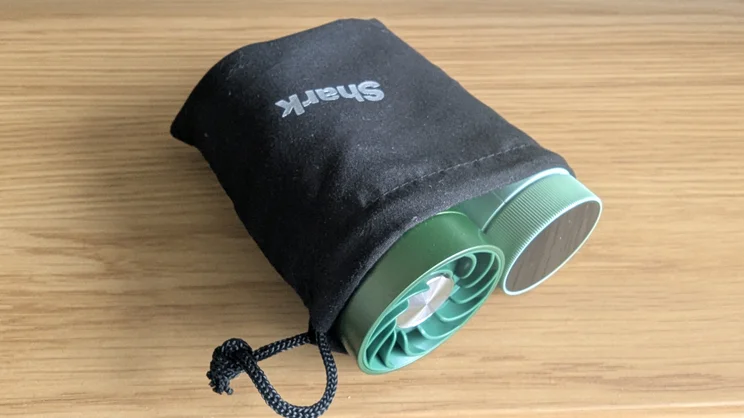The Shark ChillPill portable fan in its accompanying storage bag