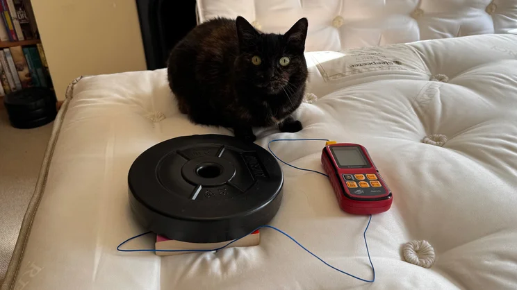 A closeup of the Sleepeezee Regency Kennington 4200 mattress' surface. A weight holds down a thermocouple probe to measure temperature retention, while a cat sits next to it