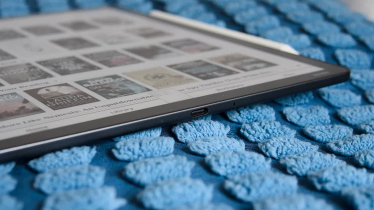 The Amazon Kindle Scribe Colorsoft pictured from the bottom edge