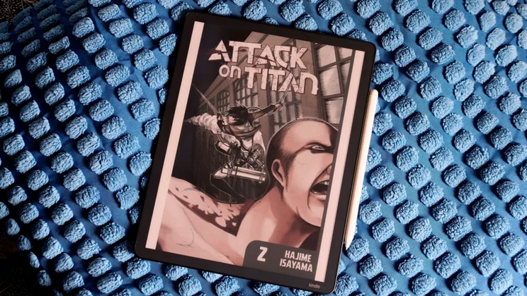 The Amazon Kindle Scribe Colorsoft pictured from the front with a comic cover on screen