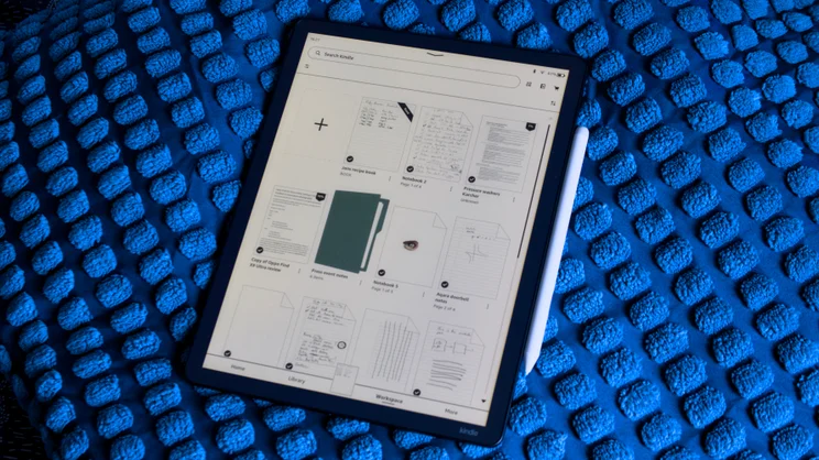 The Amazon Kindle Scribe Colorsoft pictured from the front, showing the workspace screen