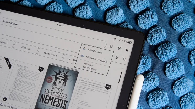 The Amazon Kindle Scribe Colorsoft pictured showing the cloud storage menu on screen