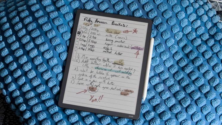 The Amazon Kindle Scribe Colorsoft with a recipe note on scree