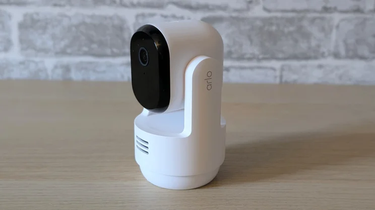 The Arlo Essential 3 pan tilt security camera pictured from the front right quarter
