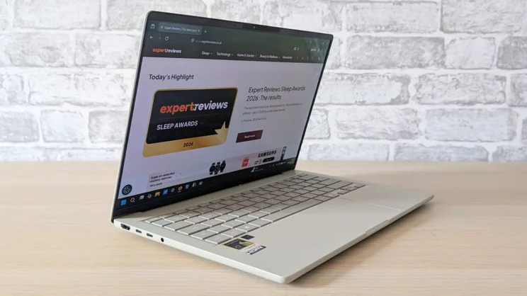 The Asus Zenbook A14 (2026) half open, pictured from the front left quarter