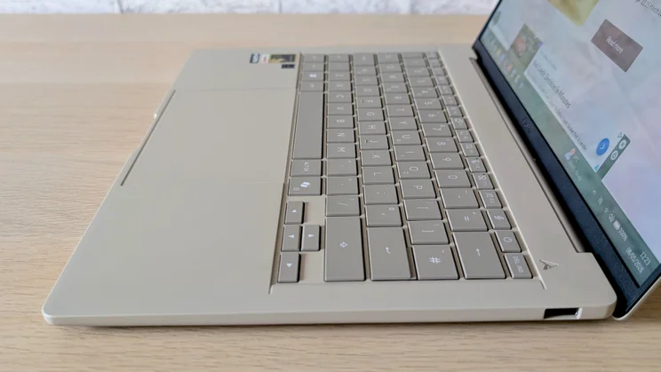 The Asus Zenbook A14 (2026), open, pictured from the right edge