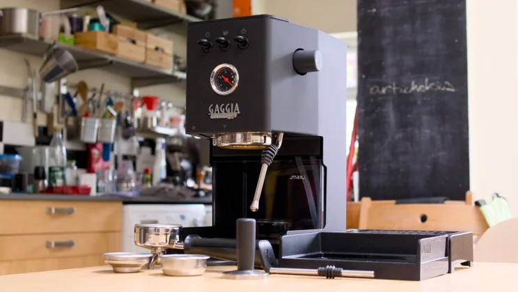 The Gaggia Classic UP, pictured from the right front quarter in a kitchen
