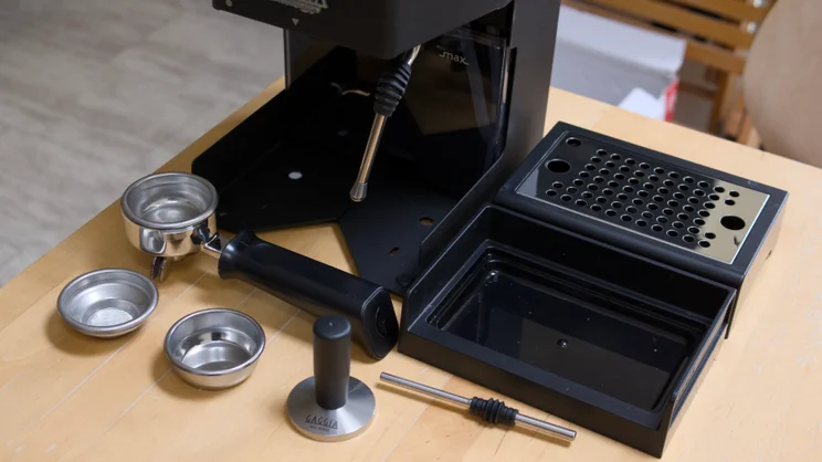The Gaggia Classic UP pictured with all its accessories