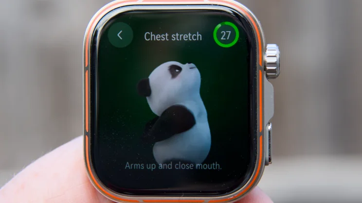 The Huawei Watch Fit 5 Pro in close up, showing the new mini workout feature in action