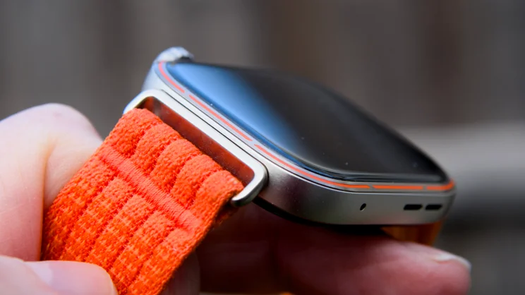 The Huawei Watch Fit 5 Pro in close up showing the edge of the new 2.5D radius edge on the screen glass