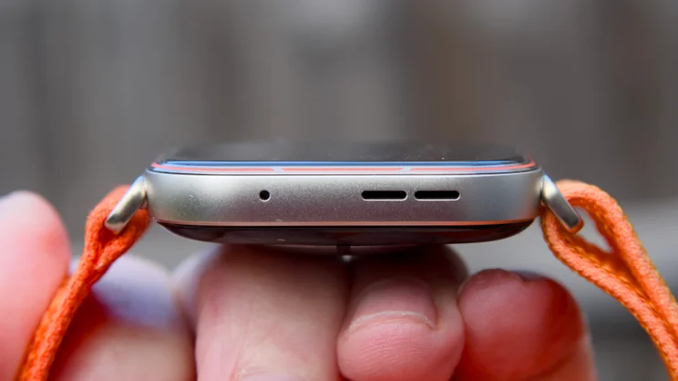 The Huawei Watch Fit 5 Pro close up on the left edge