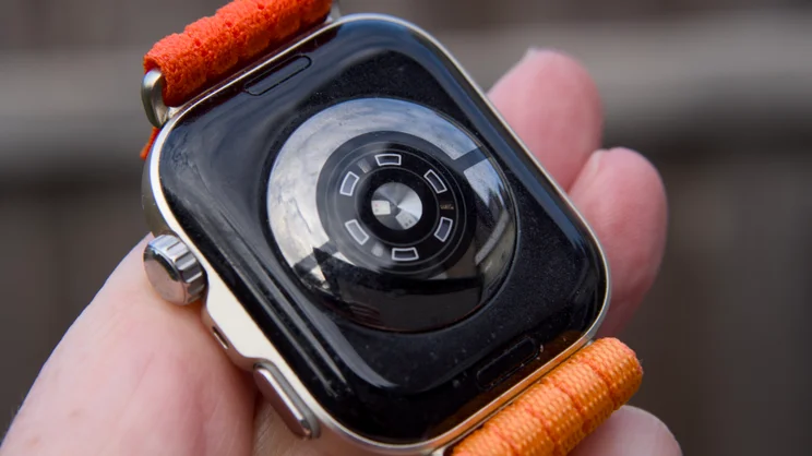 The Huawei Watch Fit 5 Pro close up on the rear heart rate monitor