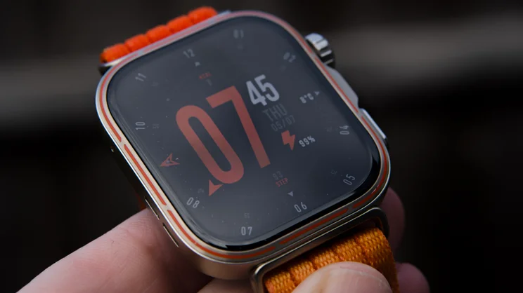 The Huawei Watch Fit 5 Pro from the front, held at a slight angle