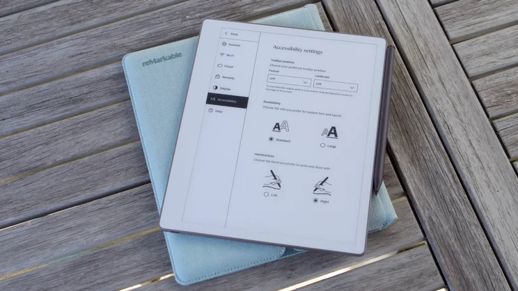 The Remarkable Paper Pure pictured on top of a green case on an outdoor table