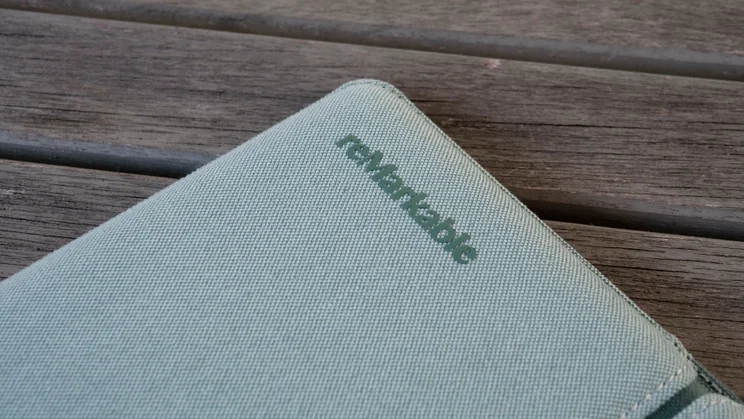 The Remarkable Paper Pure's folio case, up close with the Remarkable logo