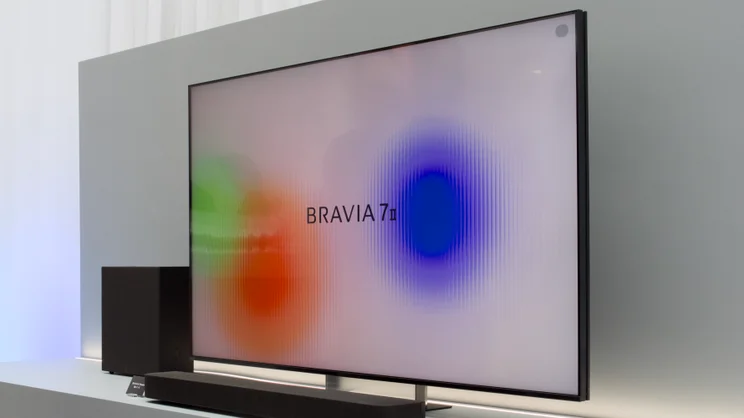 The Sony Bravia 7 II pictured at the launch event from the front right quarter