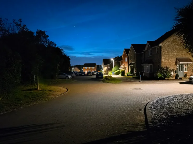 A quiet close of houses at night