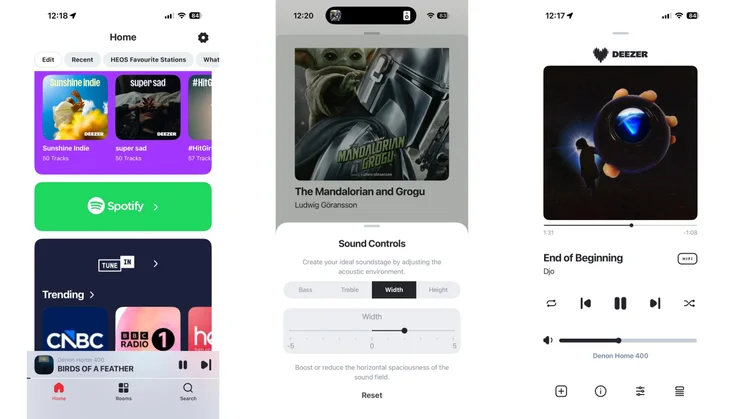 Three screenshots from the HEOS app showing the Home page, Sound Controls and track page while streaming via Deezer