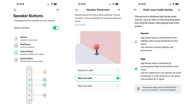Three screenshots from the HEOS app showing the Speaker Buttons, Speaker Placement and Multi-room audio options