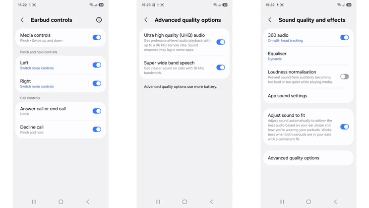 The control and audio options available on a Samsung Galaxy smartphone when paired with the Samsung Galaxy Buds4