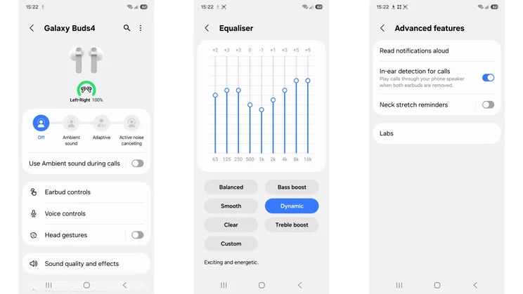 The various settings available for the Samsung Galaxy Buds4 when paired with a Samsung Galaxy smartphone