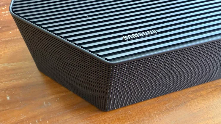The corner of the Samsung HW-Q990H soundbar showing the Samsung logo