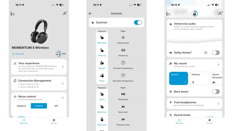 Three screenshots from the Sennheiser Smart Control app showing the home screen, touch controls, and audio options