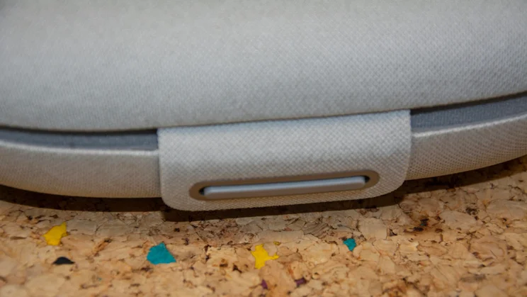 Close-up of the metallic latch on the carrying case of the Sony 1000X The Collexion over-ear headphones