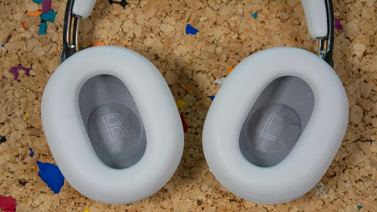 The faux-leather earpads of the Sony 1000X The Collexion over-ear headphones facing upwards