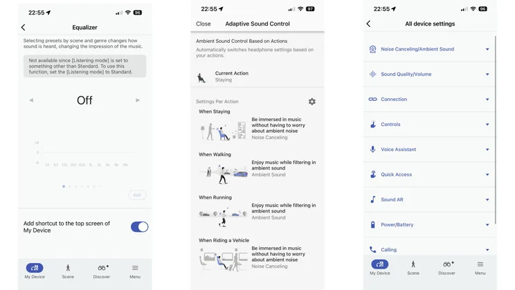Three screenshots from the Sony Sound Connect app showing the EQ options, Adaptive Sound Control Settings and device settings