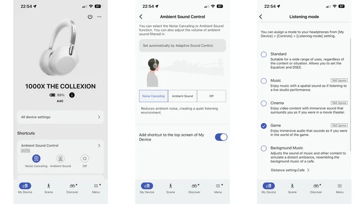 Three screenshots from the Sony Sound Connect app showing the homepage, ambient sound control settings and listening modes