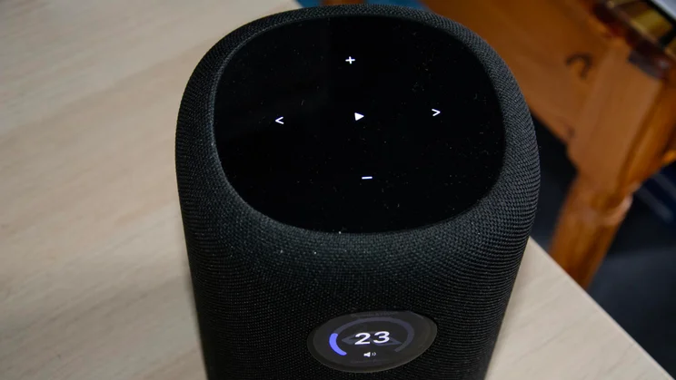 Top-down view of the touch controls on the WiiM Sound wireless speaker