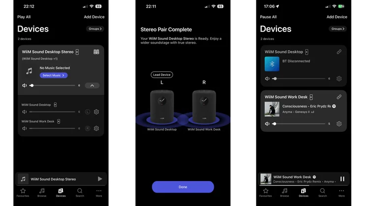Screenshots from the WiiM Home app showing the device settings and stereo pairing