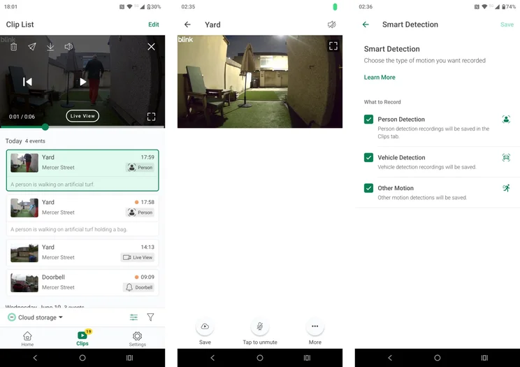 3x screenshots of the Blink app showing options for the Blink Outdoor 2K+ camera