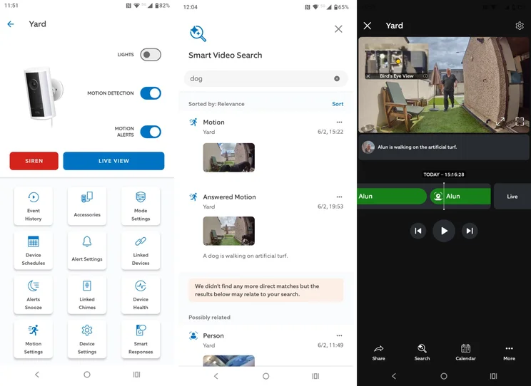 3x screenshots of the Ring app
