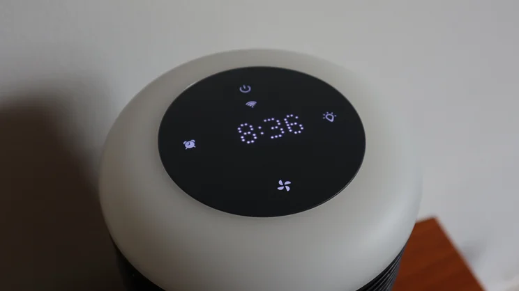 A closeup of the Blueair Mini Restful air purifier's control panel