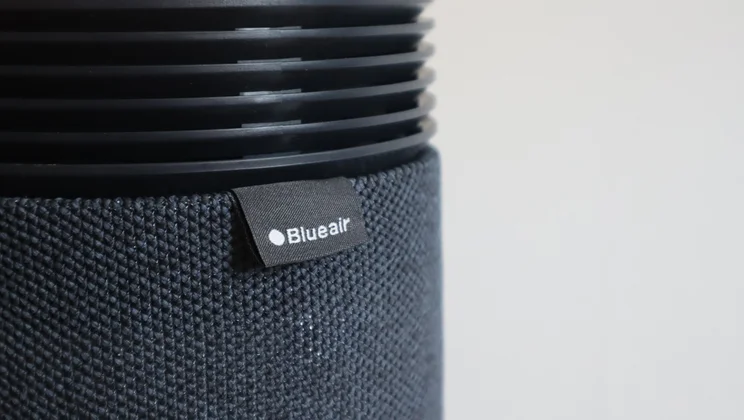 A closeup of the Blueair Mini Restful air purifier's logo label