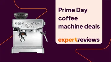 The Sage Barista Express coffee machine on a purple background. A title card to the right hand side reads "Prime Day coffee machine deals"