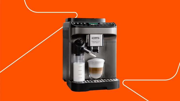 The De'Longhi Evo One Next coffee machine on an orange background