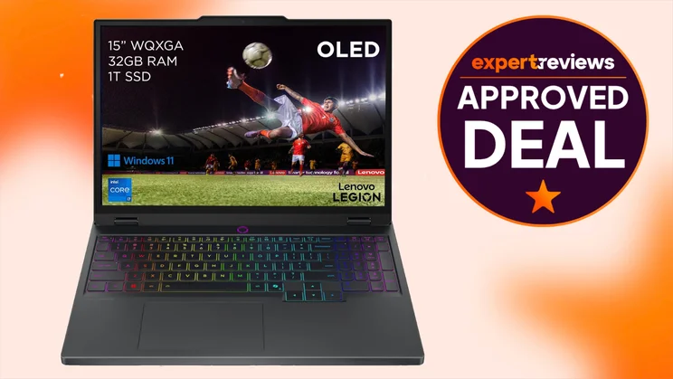 Lenovo Legion 5 on an orange background with the Expert Reviews approved deal logo to the right