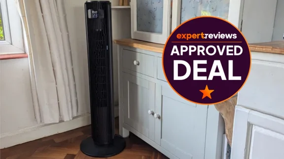 The Levoit Classic Pro Tower Fan in a living room. A roundel badge to the right reads "Expert Reviews Approved Deal"