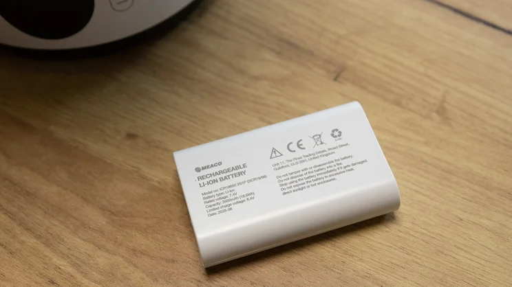 A closeup of the Meaco Sefte 6in Air Circulator's battery