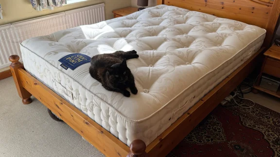The Odd Company Blenheim 1500 mattress on a wooden bed frame in a well-lit bedroom. A cat sits on the mattress