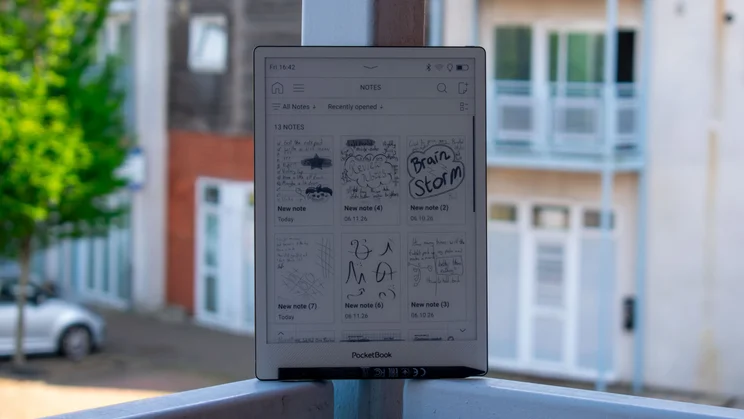 PocketBook InkPad One on a balcony, displaying recent notes