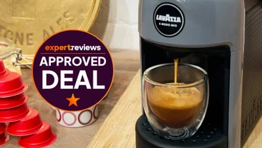 The Lavazza Jolie Evo coffee machine on a kitchen counter. To the left, a badge reads "Expert Reviews Approved Deal"
